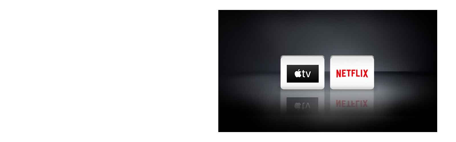 The LG Channels logo, the Netflix logo the Apple TV logo are arranged horizontally in the black background.
