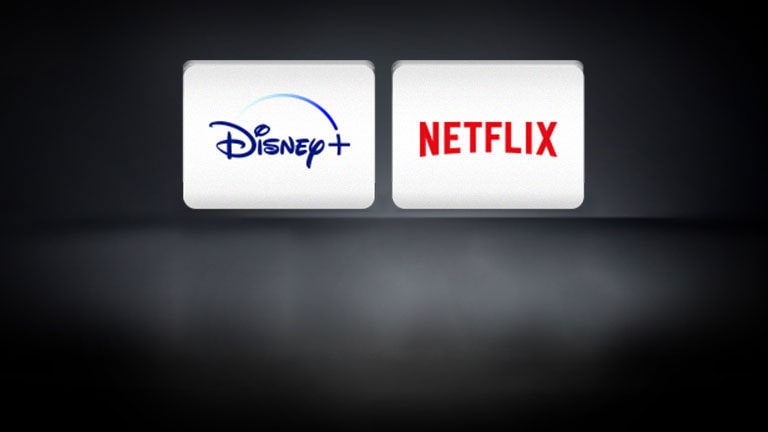 The Netflix logo, the Disney+ logo are arranged horizontally in the black background.