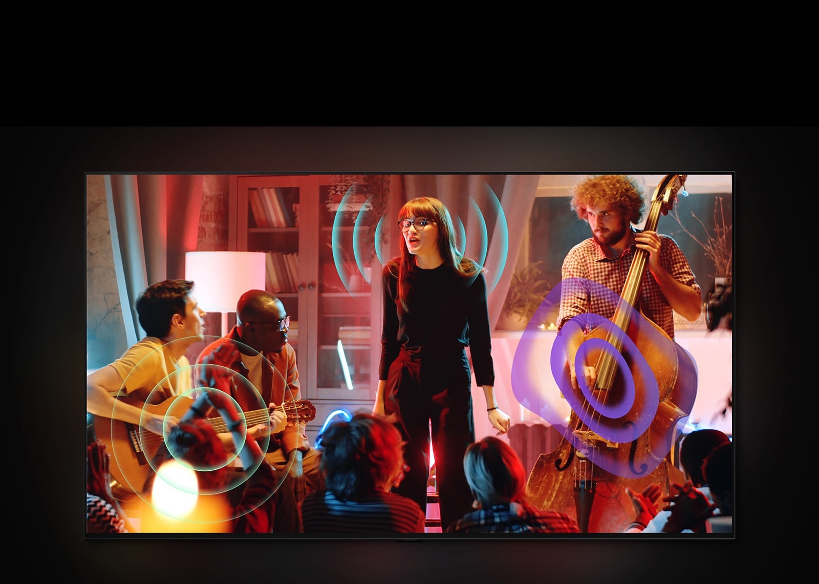 A video of a person playing violin with a yellow bubble and wave depicting sound. The scene changes to a singer and band playing an intimate gig in a lounge. Blue sound waves surround the singer, turquoise soundwaves emit from the guitar, and purple soundwaves come from the cello. 