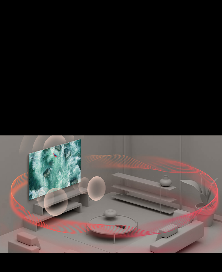 A video opens showing an aerial shot of the remote control. A blue circle appears over the sensor. The scene pans out to show the remote control on a coffee table in a gray room. Blue soundwaves emit from the TV, and an image fills the screen showing a person kayaking over choppy waves. The blue sound waves reach the remote control, and waves depicting sound bounce from the wall, and then a blanket of sound covers the room. 