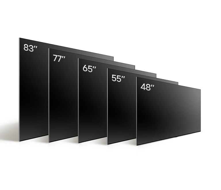 Comparing LG OLED TV, OLED C4's varying sizes, showing OLED 55", OLED C4 65", OLED C4 77", and OLED C4 83".