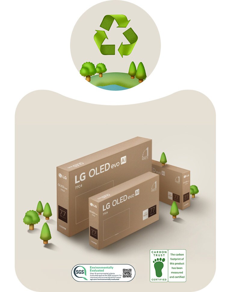 LG OLED packaging against a beige background with illustrated trees. 
