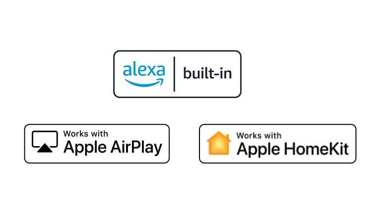 Details showing logos of Hey Google, alexa, Apple Airplay, and Apple HomeKit in which ThinQ AI is compatible with.