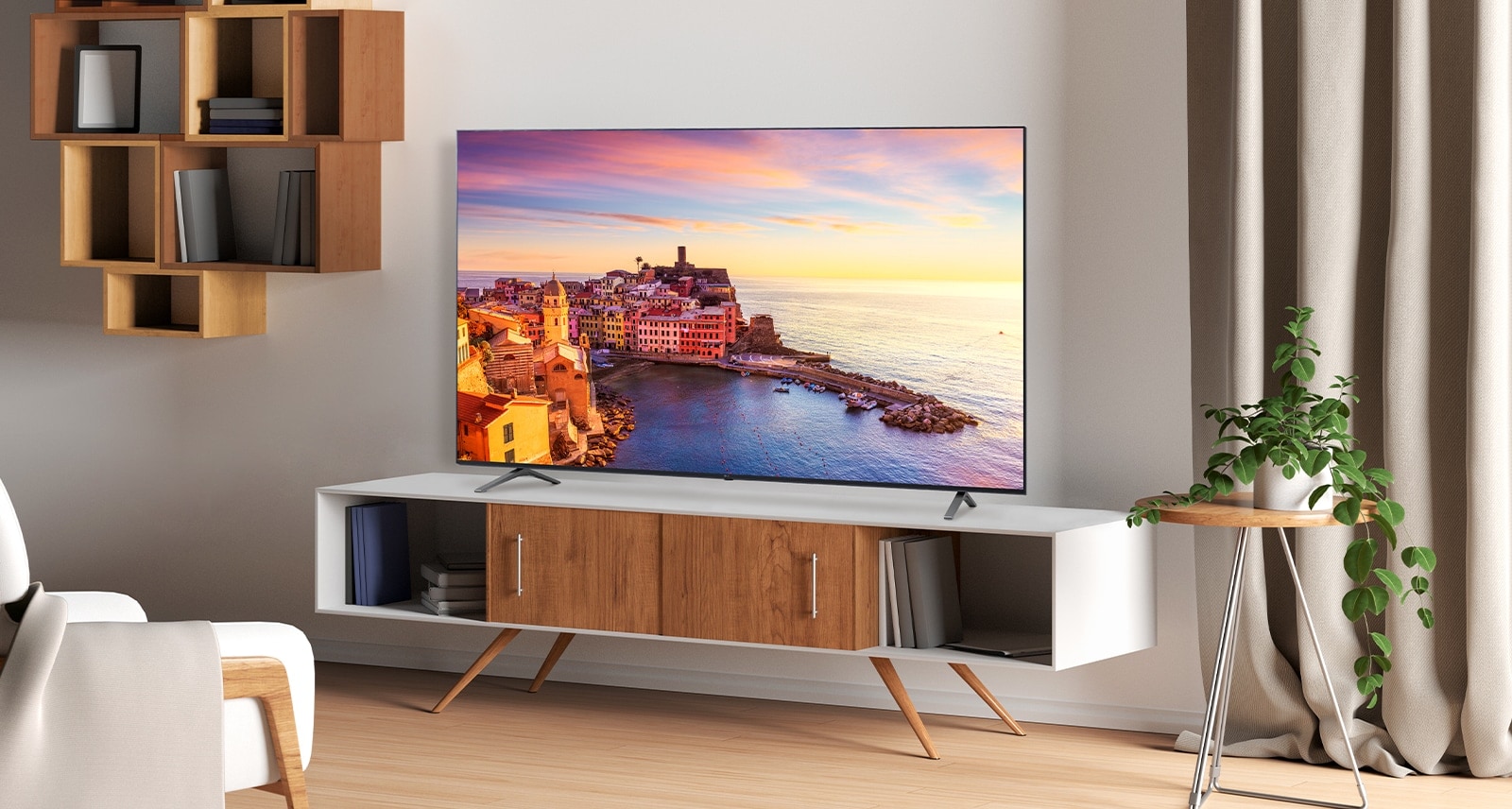 A TV is hanging on the wall of the hotel room, and the TV screen is bright and clear.