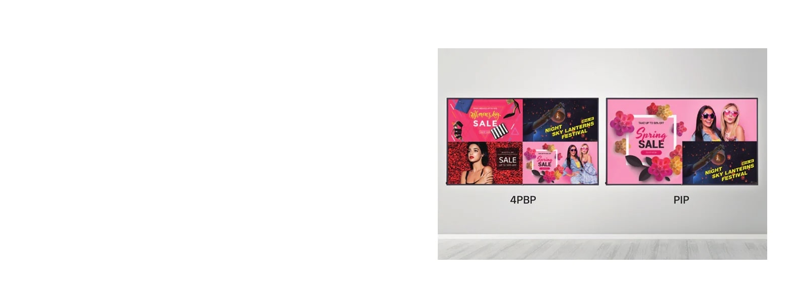 PBP provides 4 screens for 1 display, and PIP consists of the main screen and second screen in various layouts.