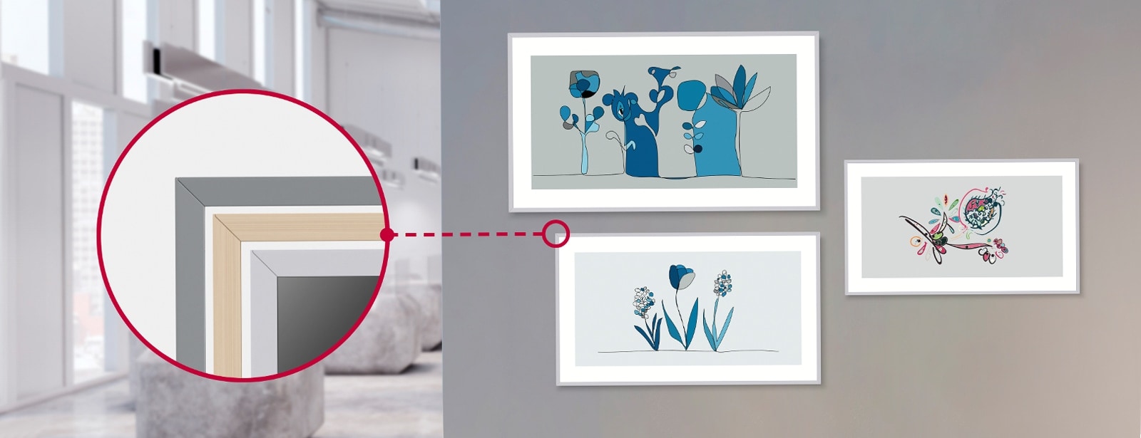 Three UHD Standard Signage are installed on a gray-toned wall, each displaying different artworks, creating an appearance like framed paintings. Harmonizing with the white and gray-toned interior, these UH5N-E are equipped with white bezel Art Frames. The left side provides a detailed image showcasing three types of bezel accessories in gray, wood, and white.