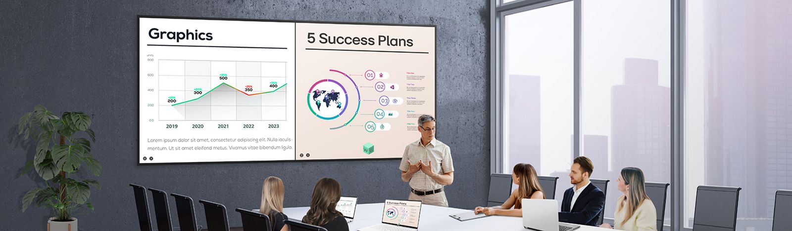 The screens of meeting participants are wirelessly shared on the 105BM5P widescreen, allowing multiple people to share their materials simultaneously on a single screen without any cable interference.