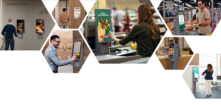 This demonstrates the versatility of LG Kiosks, showing their use in locations such as museums, entrances, supermarkets, restaurants, and libraries, where they adapt to various environments.