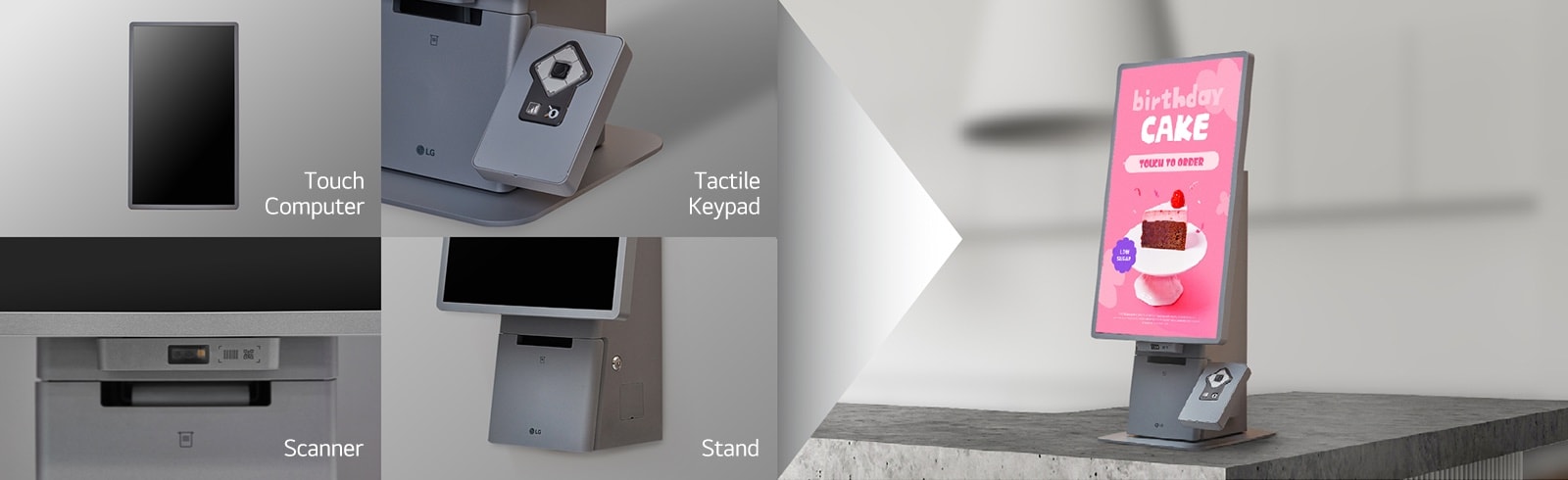 The LG Kiosk can be customized with various components, including a touch computer, tactile keypad, scanner, and stand.