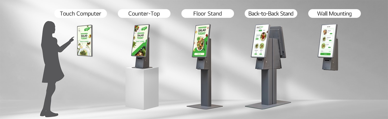 The LG Kiosk can be installed in multiple formats, such as a touch computer on its own, a counter-top model, a floor-standing version, a back-to-back stand, or a wall-mounted design.