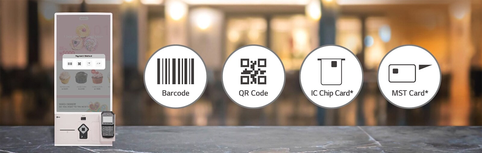 27KC3PK-CW supports barcodes, QR codes, IC chip cards, and  MST cards.