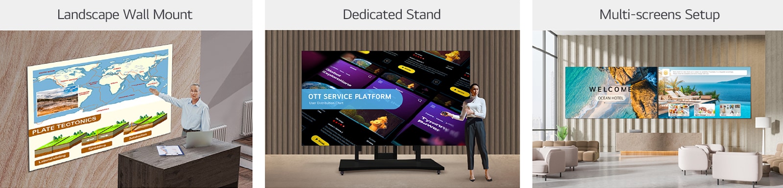 The LAPA series, installed on the wall with a landscape wall mount, with a dedicated stand, and side by side as two displays in a multi-screens setup, are shown in three different images.