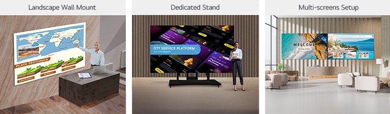 The LAPA series, installed on the wall with a landscape wall mount, with a dedicated stand, and side by side as two displays in a multi-screens setup, are shown in three different images.