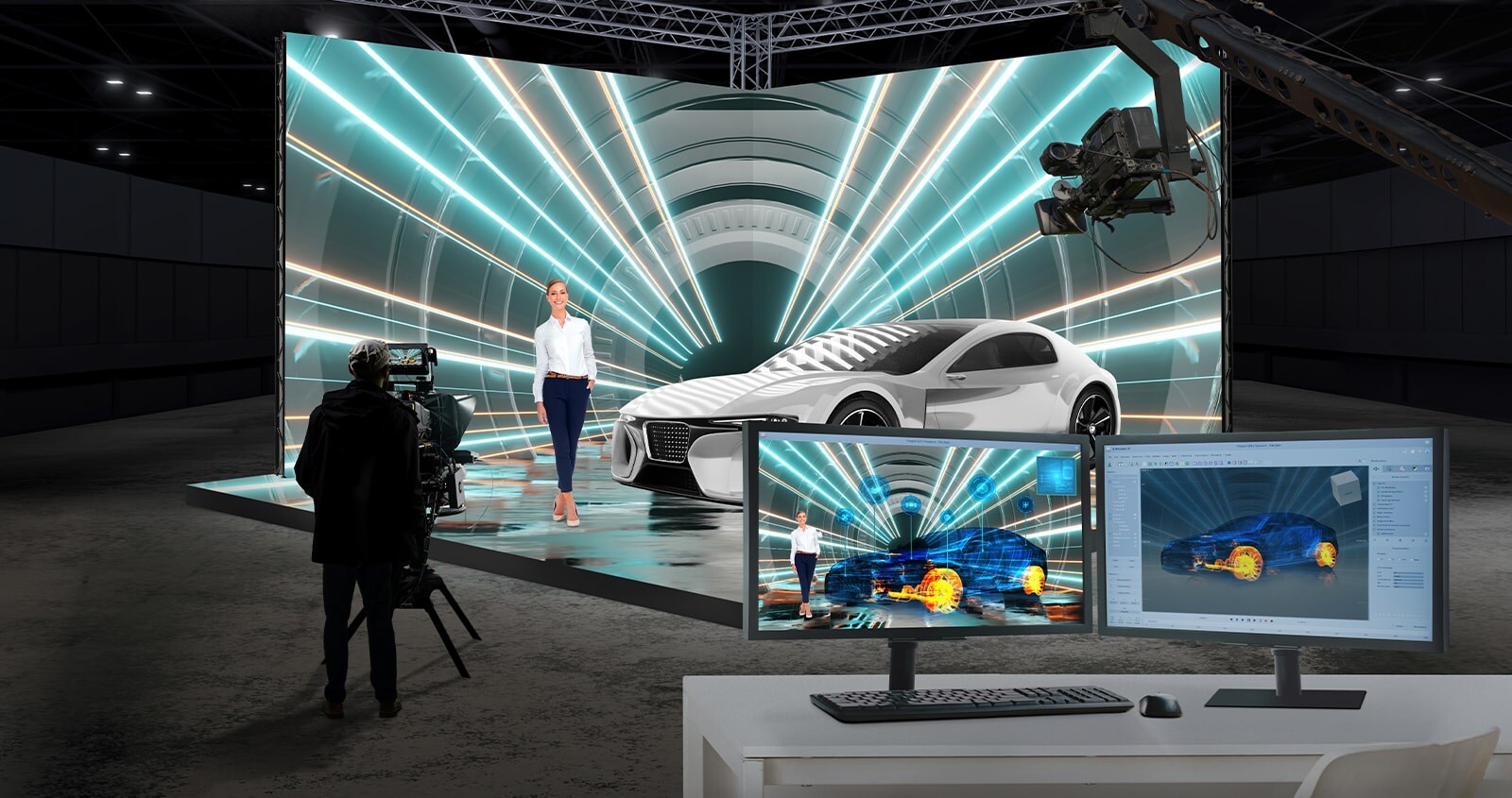 Filming of the model and car is taking place in a virtual production studio that features cube-shaped wall-mounted, ceiling, and floor LED displays. While only the model and car are physically present, the monitor displays AR effects, such as 3D rendering of the car, for verification purposes.