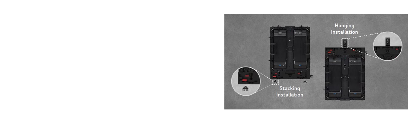 The part where the cabinet can be installed either as stacking or hanging is enlarged and shown.