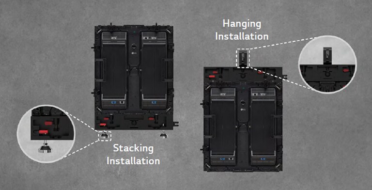 The part where the cabinet can be installed either as stacking or hanging is enlarged and shown.