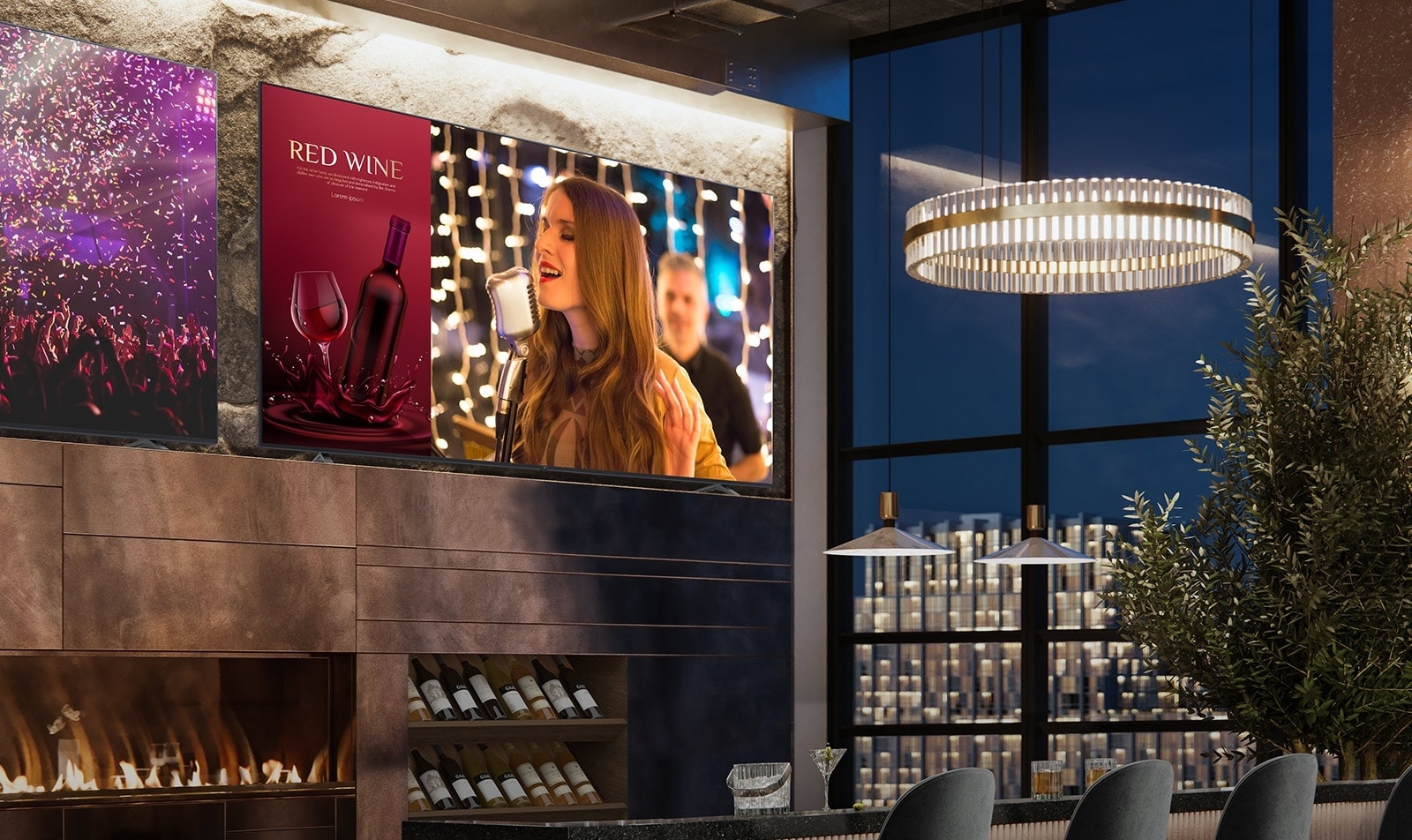 Two displays are installed in the luxurious wine bar. One shows a concert scene, and the other displays two images in one screen showing both a red wine commercial advertisement and a female singer singing.