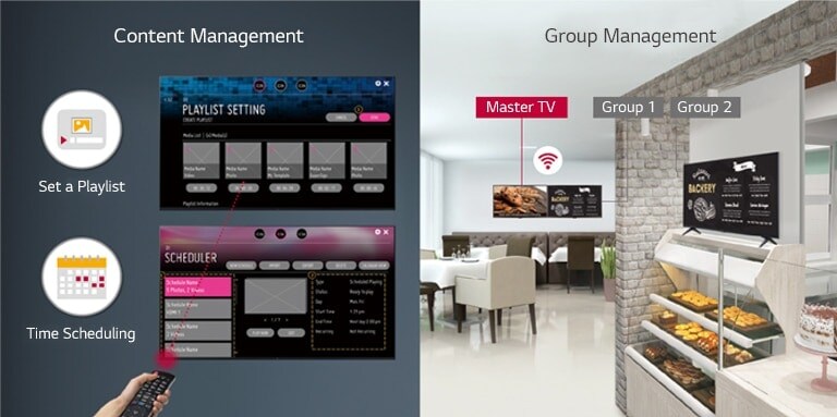 Set the playlist and the time scheduling with a remote controller easily using display embedded content management function. Group management is supervised in Master display, Group 1, and Group 2 displays. 