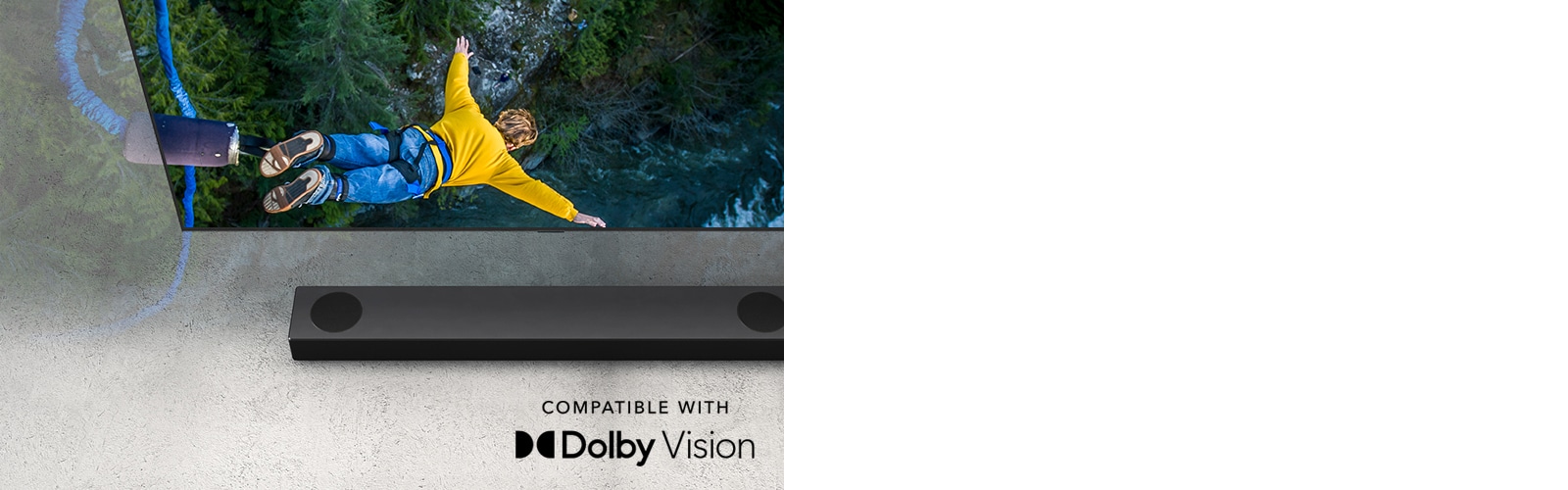 "LG TV shows a person bungee jumping, and the LG Sound Bar is placed  below the TV."