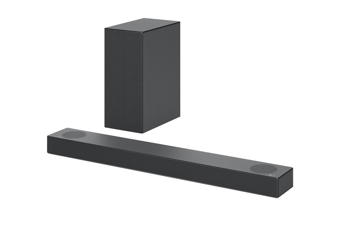 LG Soundbar S75Q, Diagonal view of sound bar and rear speaker, S75Q