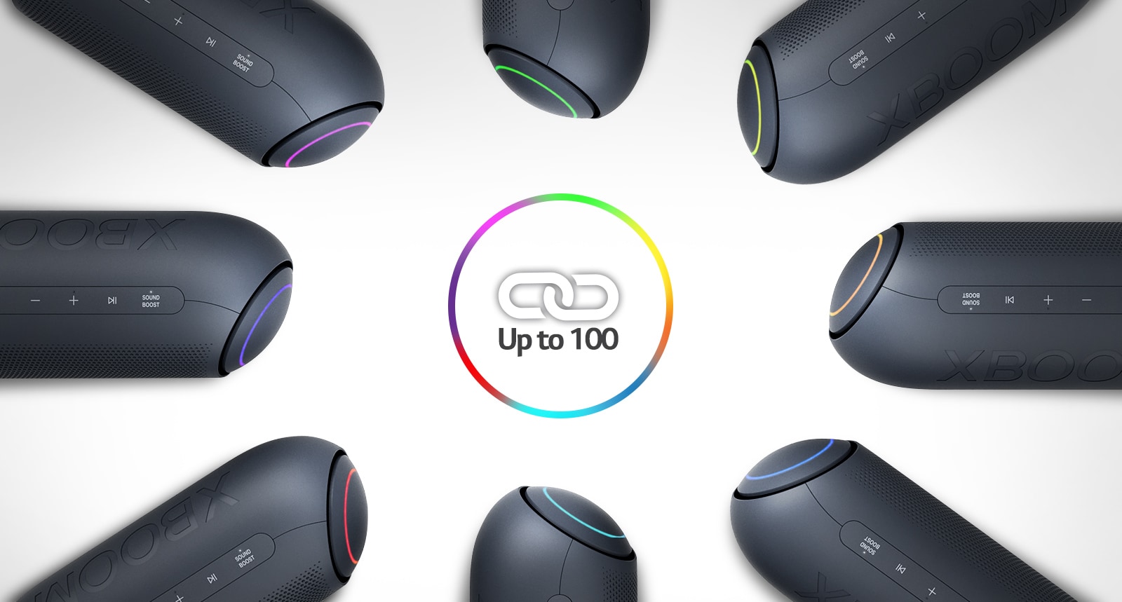 On a white background, eight LG XBOOM Go with various lights are placed in a circle around a link icon.