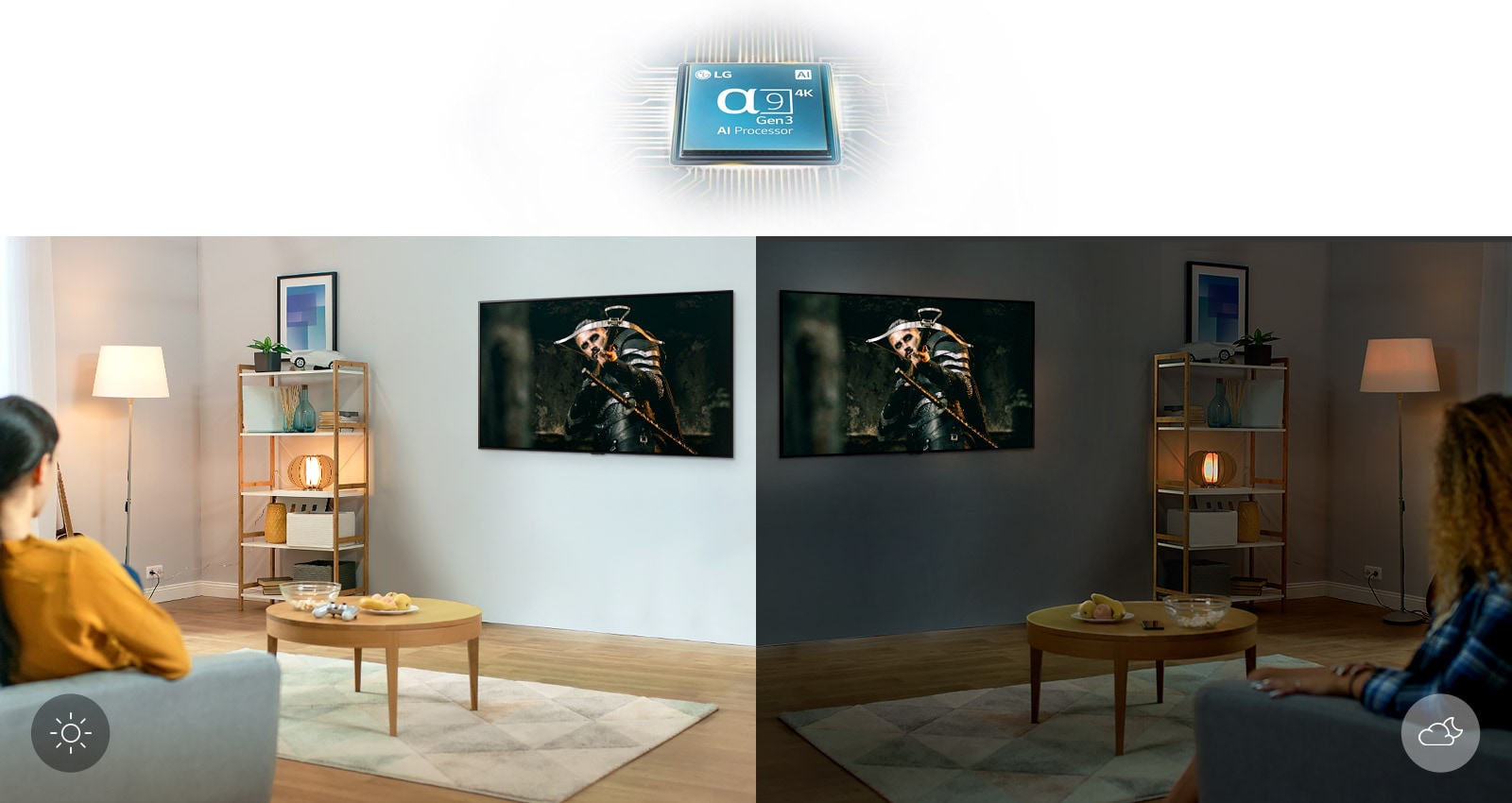 "Alpha 9 Gen3 AI Processor chip shining with blue graphics on white background, Side-by-side comparison of two women watching the same scene on TV in mirrored rooms with different brightness conditions"
