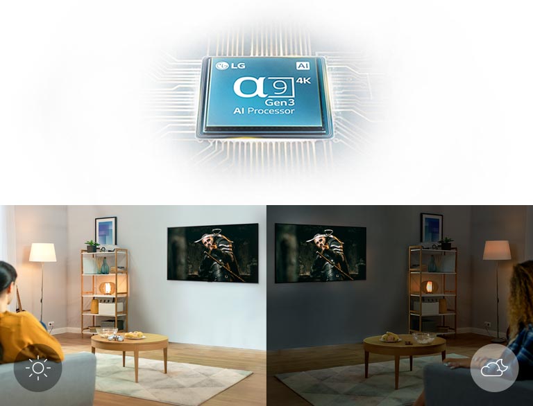"Alpha 9 Gen3 AI Processor chip shining with blue graphics on white background, Side-by-side comparison of two women watching the same scene on TV in mirrored rooms with different brightness conditions"