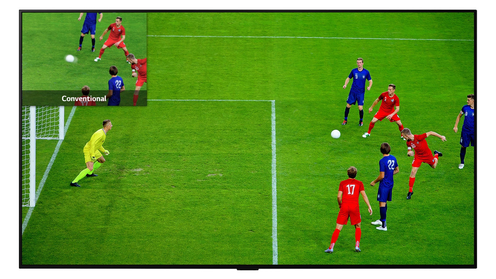 Picture in picture TV screen comparing pixel quality of LCD/LED versus OLED TV through an active soccer game