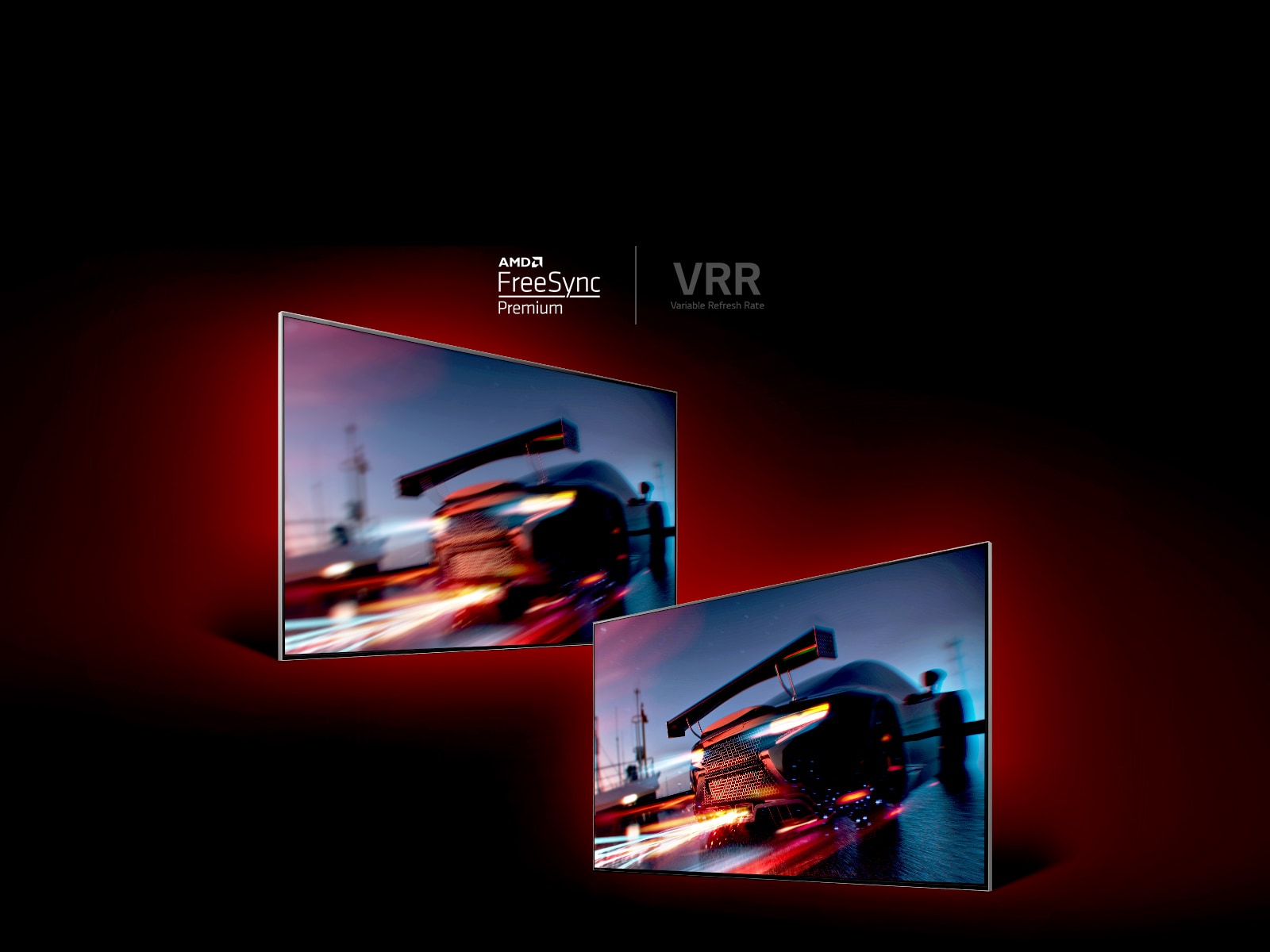 There are two TVs facing opposite. On left TV shows a fast driving racing car that seems quite blurry while on right TV shows a fast driving racing car but very clear.