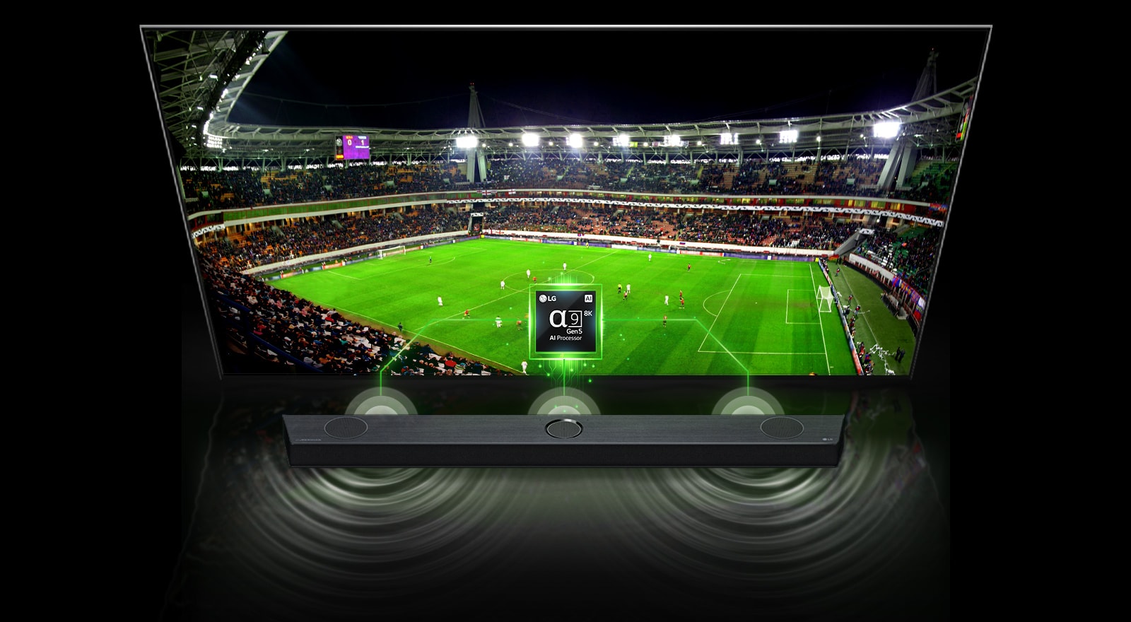 There is an image of 'Alpha 9 Chip' on the TV and a sound bar just below it. And on TV, the screen of the soccer stadium, the woman walking on the sunset beach, and the concert hall are shown one after another, and on the sound bar, the sound wave effect and color change according to the screen.