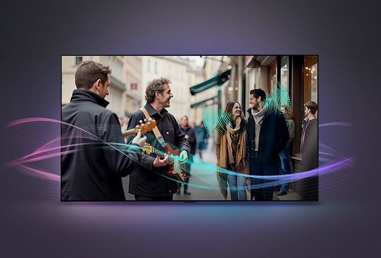 A busy street filled with people. A couple is walking having a conversation. A couple of street performers are playing guitar. Abstract soundwaves are coming from the guitar players and the couple representing how every sound element can be heard clearly with AI Object Remastering. 