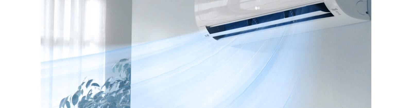 The bottom side of the air condition can be seen with light blue wind blowing out toward the front.