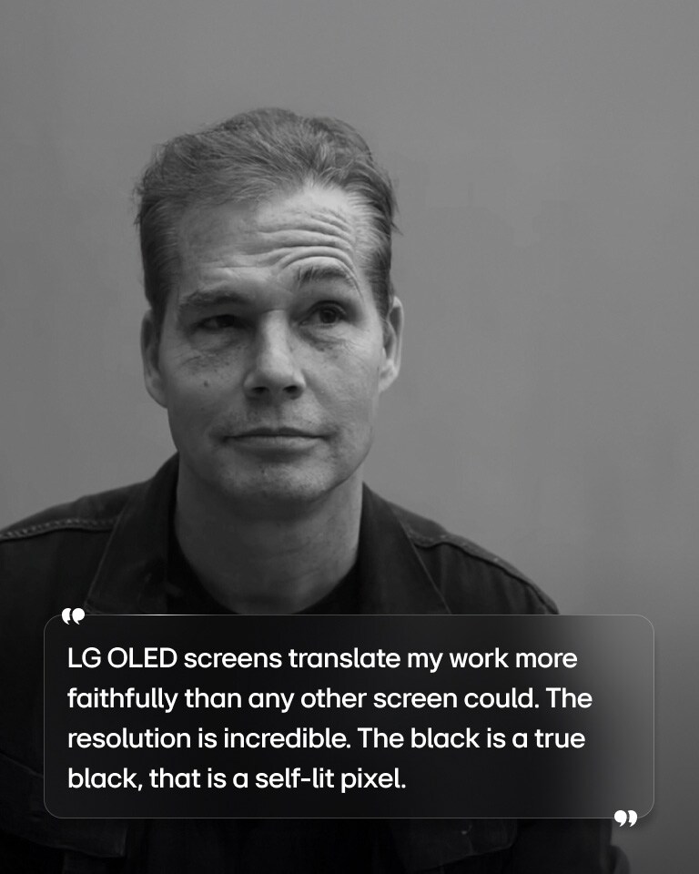 Interview of Shepard Fairey with text that reads “LG OLED screens translate my work more faithfully than any other screen could. The resolution is incredible. The black is a true black, that is a self-lit pixel” 