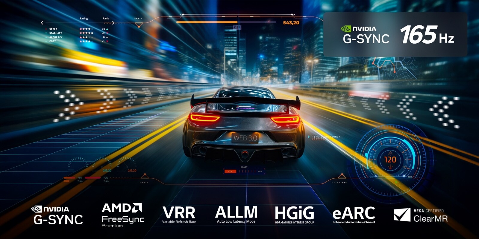 Car racing game that looks vivid, completely in focus without any distracting motion blur. Nvidia G-Sync logo and 165Hz logo is visible. Other gaming certifications are also seen on the bottom showcasing the LG TV's great gaming performance. 