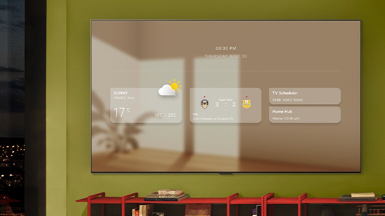 The information board is shown on a wall-mounted LG TV. Different functionalities are shown from weather updates, sports alerts, TV scheduler, Home Hub, and Google Calendar.