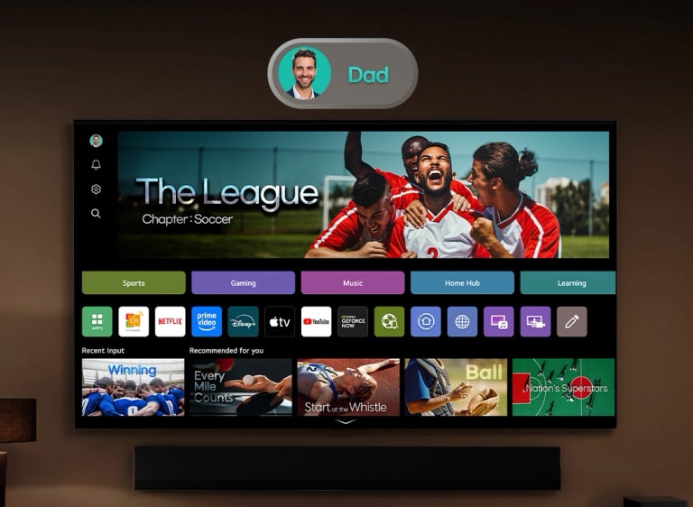 LG Smart TV with webOS home screen on the right and a floating profile image on the left transitioning from dad to mom, highlighting personalized user accounts and tailored content recommendations.