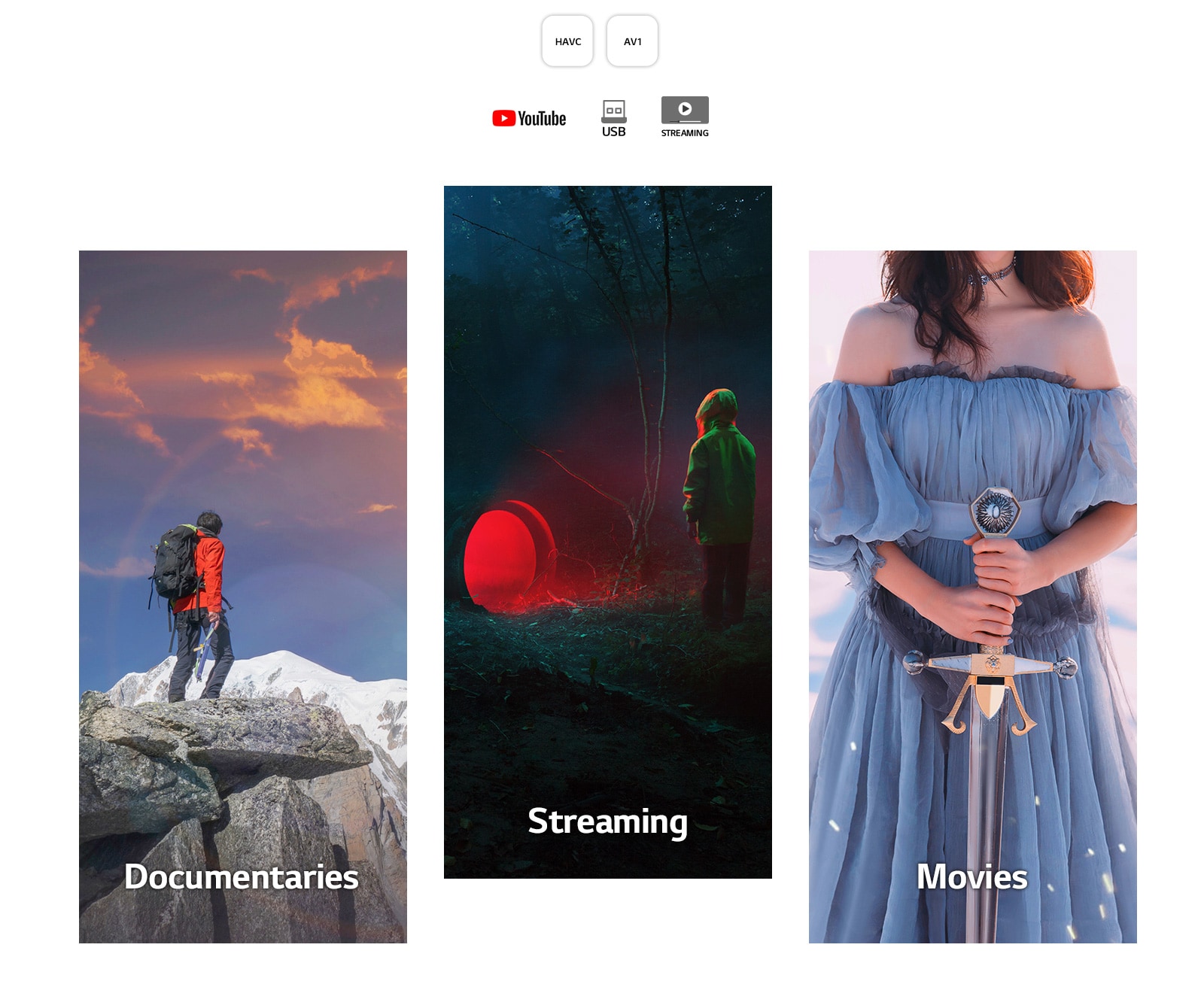 From left to right an image of a man in hiking gear standing on a rocky mountain; a dark scene of a boy standing in front of a tunnel emitting red light; and a woman in a blue dress holding a sword against a white background.