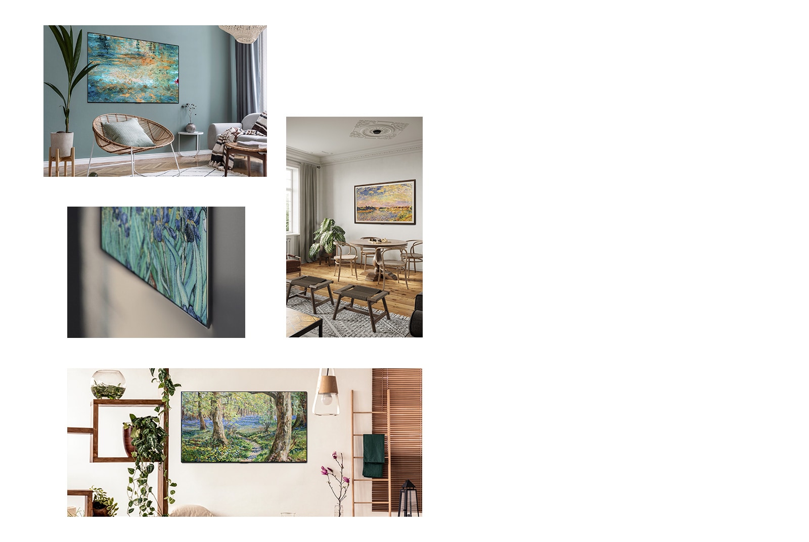 A TV displaying a painting is hung on the wall in a living room with a chair, a sofa, and a flowerpot. A close up of the edge of a slim design TV displaying a painting. A TV displaying a painting is hung on the wall in a living room with a table, chairs, and a flowerpot. A TV displaying a painting is hung on the wall in a living room with flowerpots and a ladder.