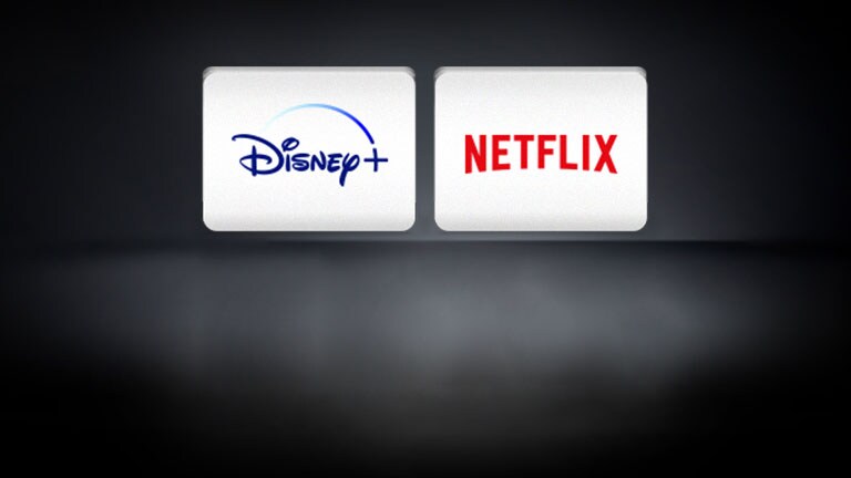 The LG Channels logo, the Netflix logo, the Disney+ logo, the Apple TV logo are arranged horizontally in the black background.