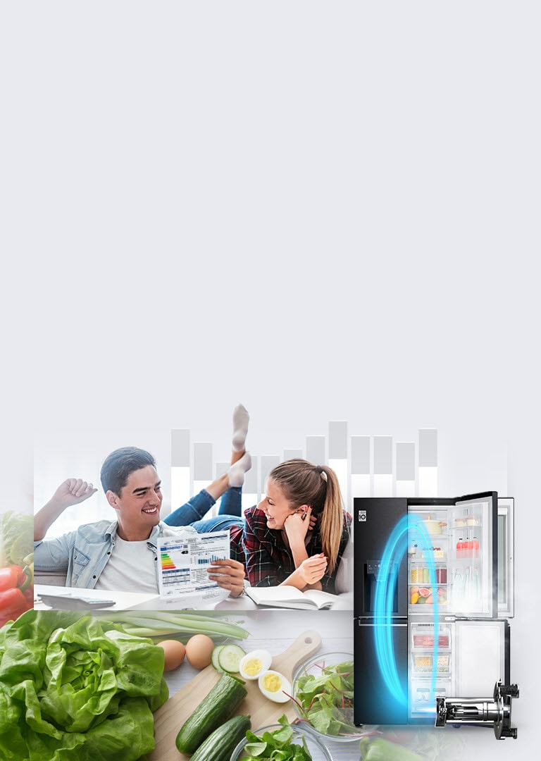 An LG refrigerator with one side of doors open displaying produce and drinks inside is in the background along with a magnified image of fresh produce. Just in front of it is the LG Inverter Linear Compressor with a blue neon oval showing the energy from the machine in the refrigerator. Also in the image is a man and woman smiling at each other as the man holds an energy usage chart for the refrigerator.