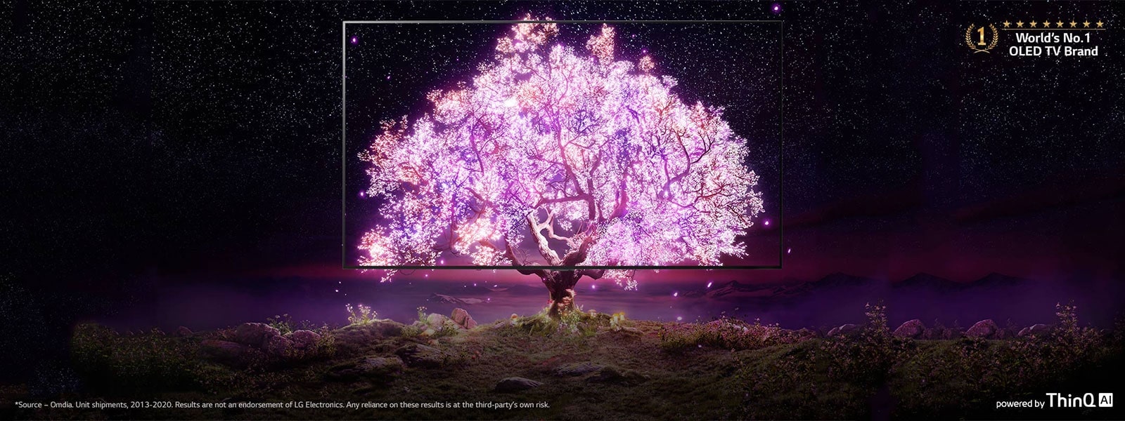 The scene where the OLED TV frame is overlapped with the image showing a tree shining in pink. The 'World's No.1 OLED TV Brand' logo was placed on the upper right. The 'powered by ThinQ AI' logo was placed at the bottom right. 'LG OLED evo' logo was placed on the upper left corner. There is a FIND OUT MORE button at the bottom center.