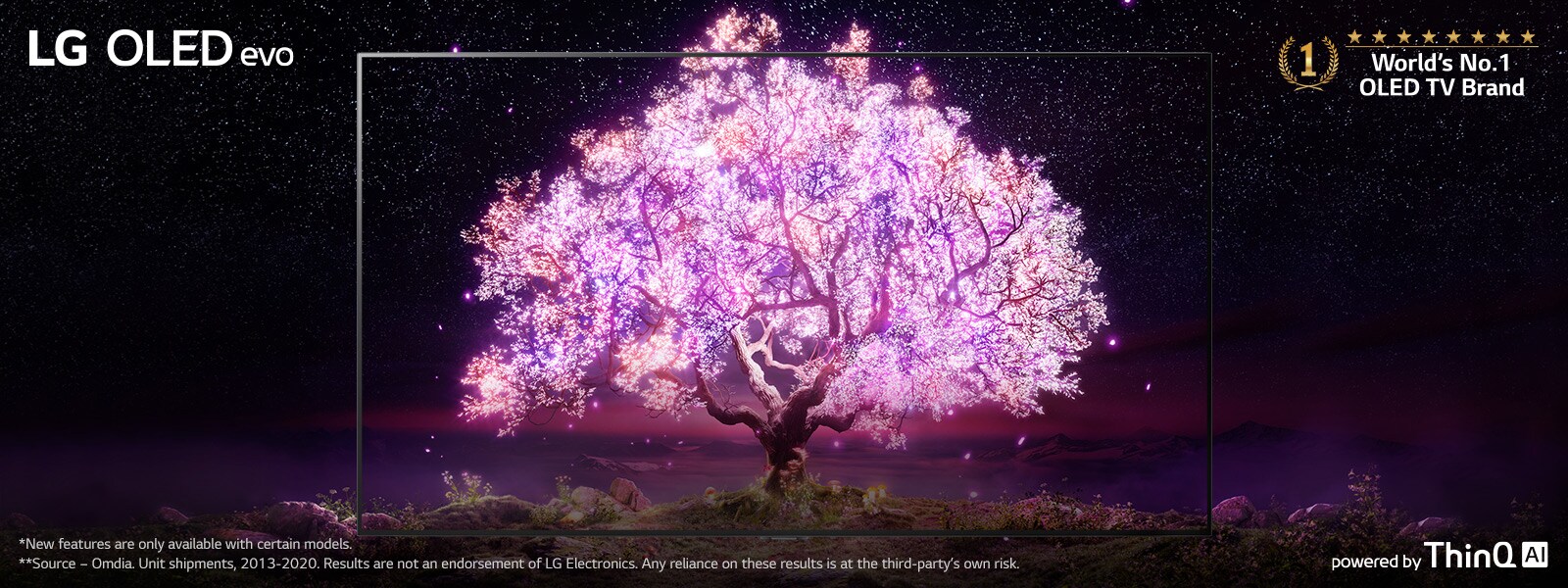 The scene where the OLED TV frame is overlapped with the image showing a tree shining in pink. The'World's No.1 OLED TV Brand' logo was placed on the upper right. The 'powered by ThinQ AI' logo was placed at the bottom right. 'LG OLED evo' logo was placed on the upper left corner.