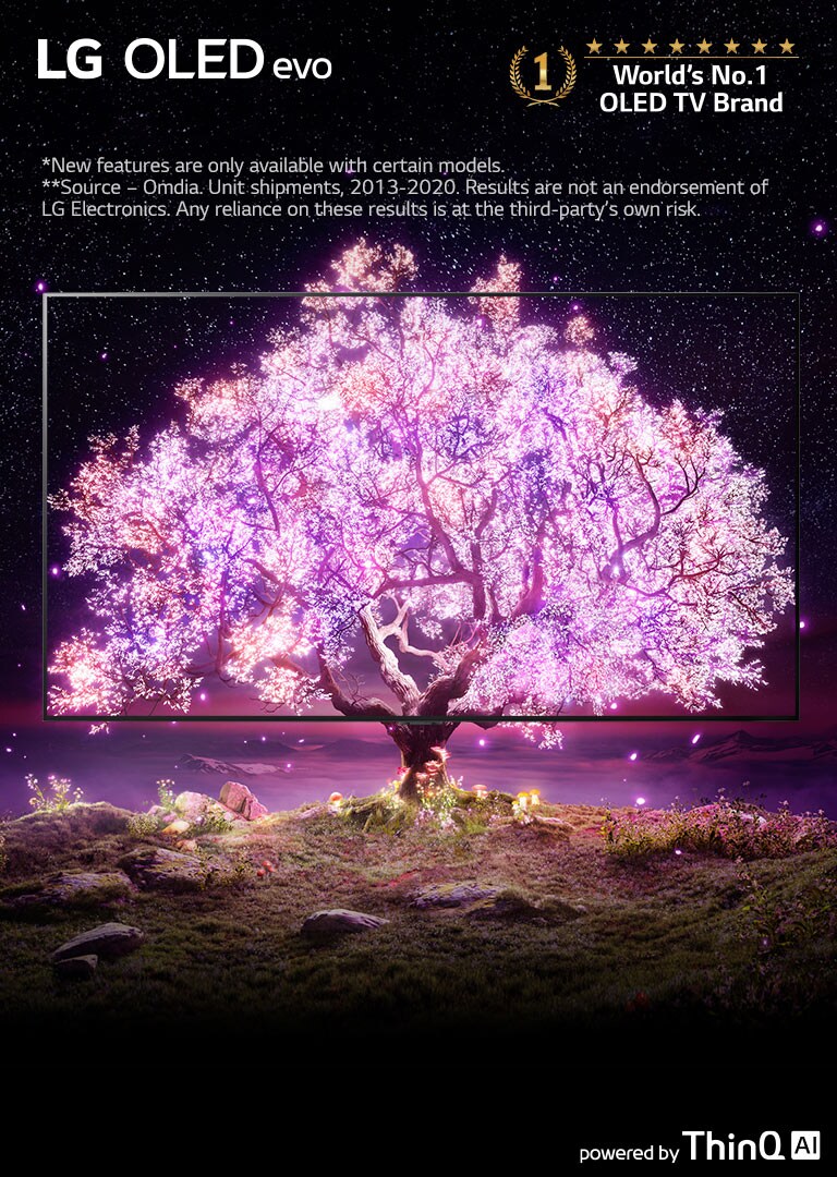 The scene where the OLED TV frame is overlapped with the image showing a tree shining in pink. The'World's No.1 OLED TV Brand' logo was placed on the upper right. The 'powered by ThinQ AI' logo was placed at the bottom right. 'LG OLED evo' logo was placed on the upper left corner.