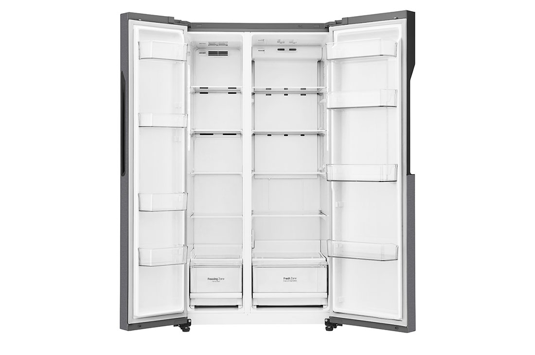 LG 613L Dark Grapite Side-by-Side Refrigerator, front door open view without food, GS-B6181DS, thumbnail 7