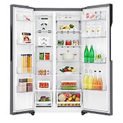 LG 613L Dark Grapite Side-by-Side Refrigerator, front door open view with food, GS-B6181DS, thumbnail 6