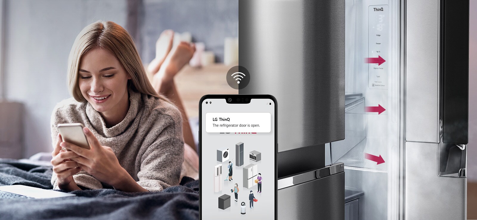 A woman lounges on a bed looking at her phone screen on one image. The second image shows that the refrigerator door has been left open. In the foreground of the two images is the phone screen which shows the LG ThinQ app notifications and the Wifi icon above the phone.