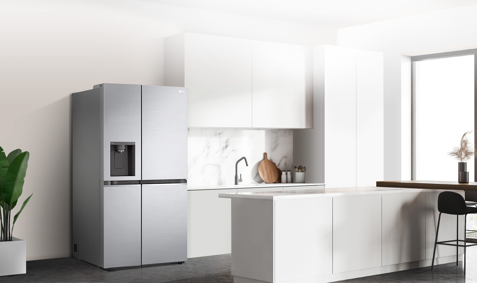 A side view of a kitchen with a black InstaView refrigerator installed.