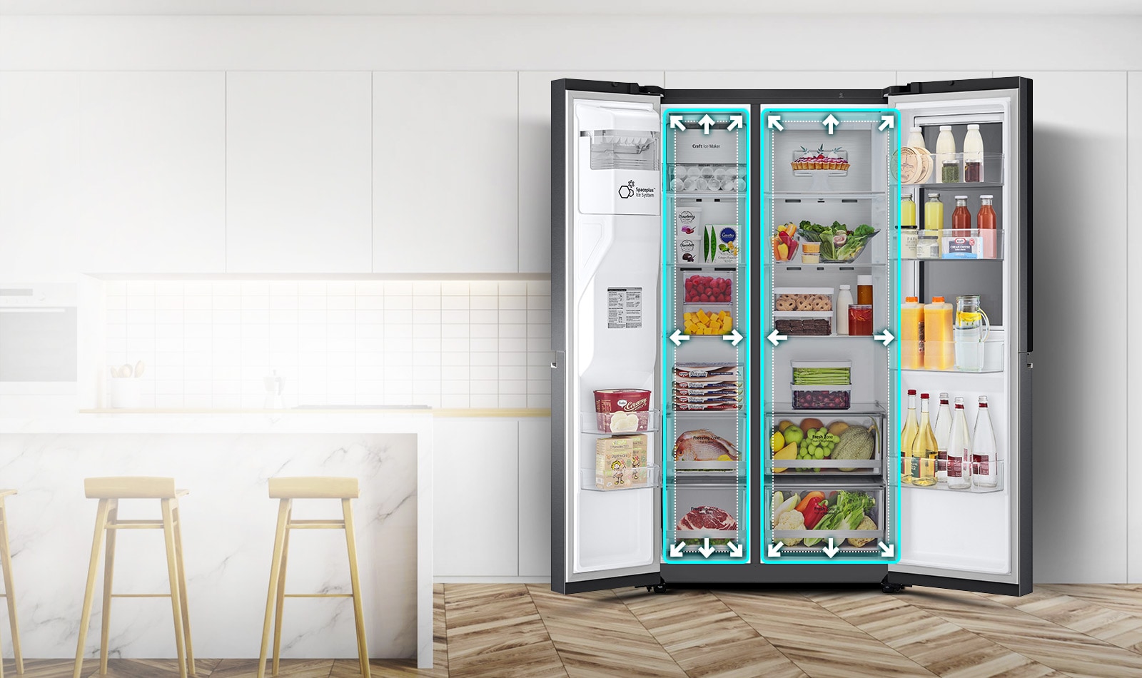 A video begins with the front view of the refrigerator with both doors wide open. The interior spaces are outlined in a neon lines and arrows begin to push the lines out to show that there is now more space inside. The neon square around the interior spaces flashes to show the difference between the new space and the old smaller space which is now outlined in a dotted white line.