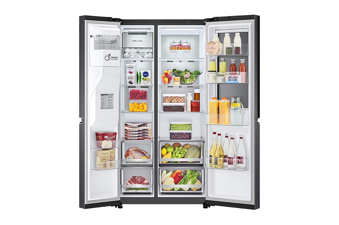 LG 674L side-by-side-fridge with InstaView Door-in-Door™ in Matt Black, front open food view, GS-X5982MC, thumbnail 2