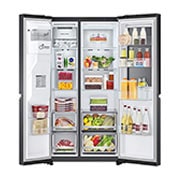 LG 674L side-by-side-fridge with InstaView Door-in-Door™ in Matt Black, front open food view, GS-X5982MC, thumbnail 2